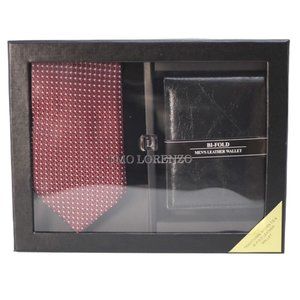 Traditional red and white woven tie and bi-fold black leather wallet